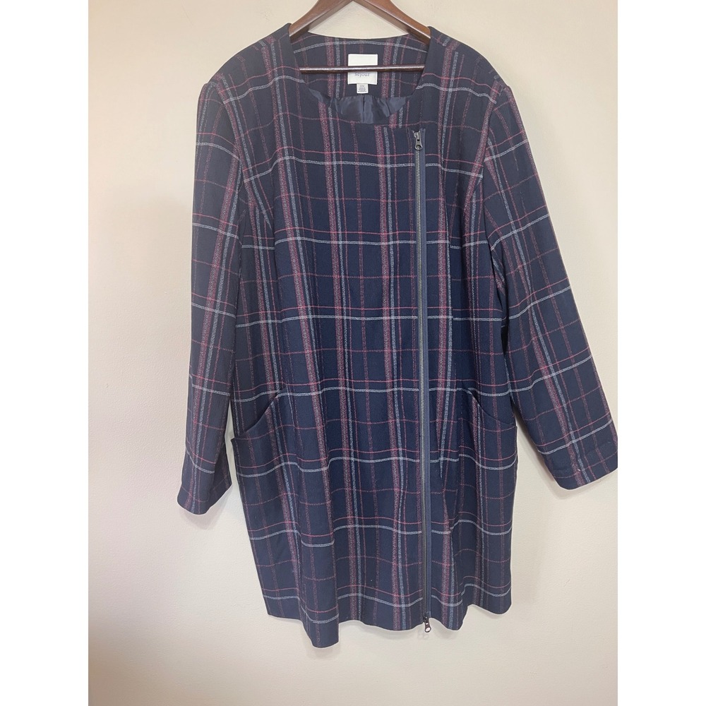 Sejour Womens 22W Navy Blue Plaid Asymmetric Zip Longline Jacket Lined Pockets